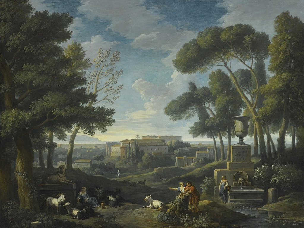 Un paesaggio boscoso con una fontana, una veduta romana